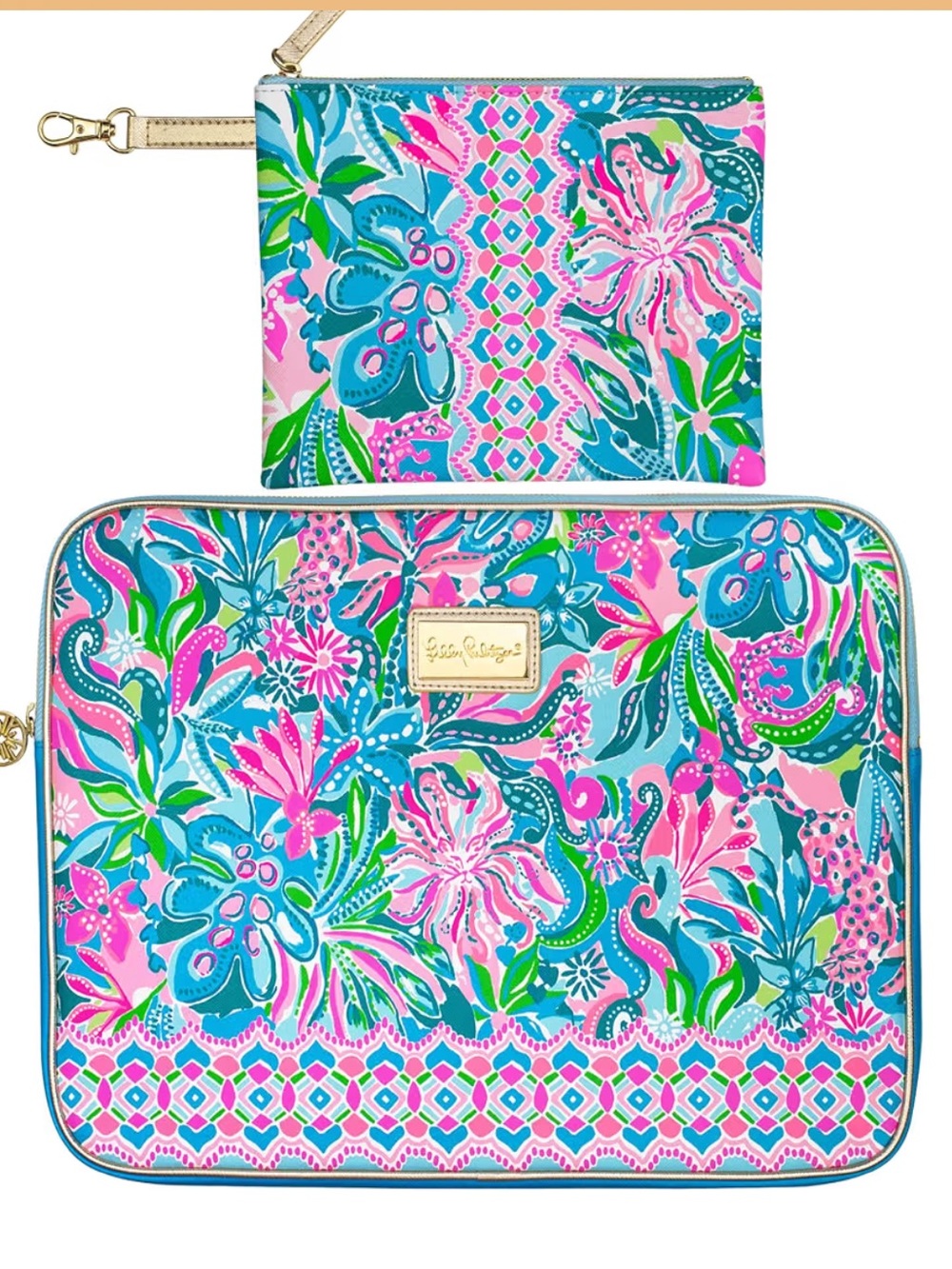 Lilly Pulitzer Pink, Blue & Green Floral Laptop Sleeve with Zip Pouch